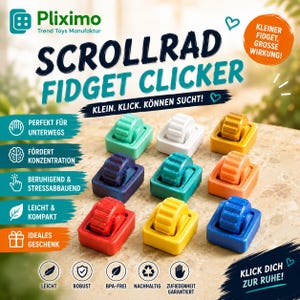 Op de afbeelding: Een verzameling van negen kleine, vierkante fidget clicker-speeltjes, elk voorzien van een centraal draaibaar scrollwiel. De speeltjes zijn verkrijgbaar in diverse effen kleuren, waaronder rood, geel, blauw, oranje, turquoise, paars, wit en goud.