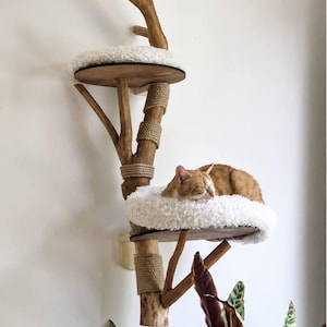 May include: A wall-mounted cat tree constructed from natural wood branches with two circular platforms. Each platform features a soft, white, plush cushion. Sections of the wooden structure are wrapped in thick, tan-coloured sisal rope for texture.