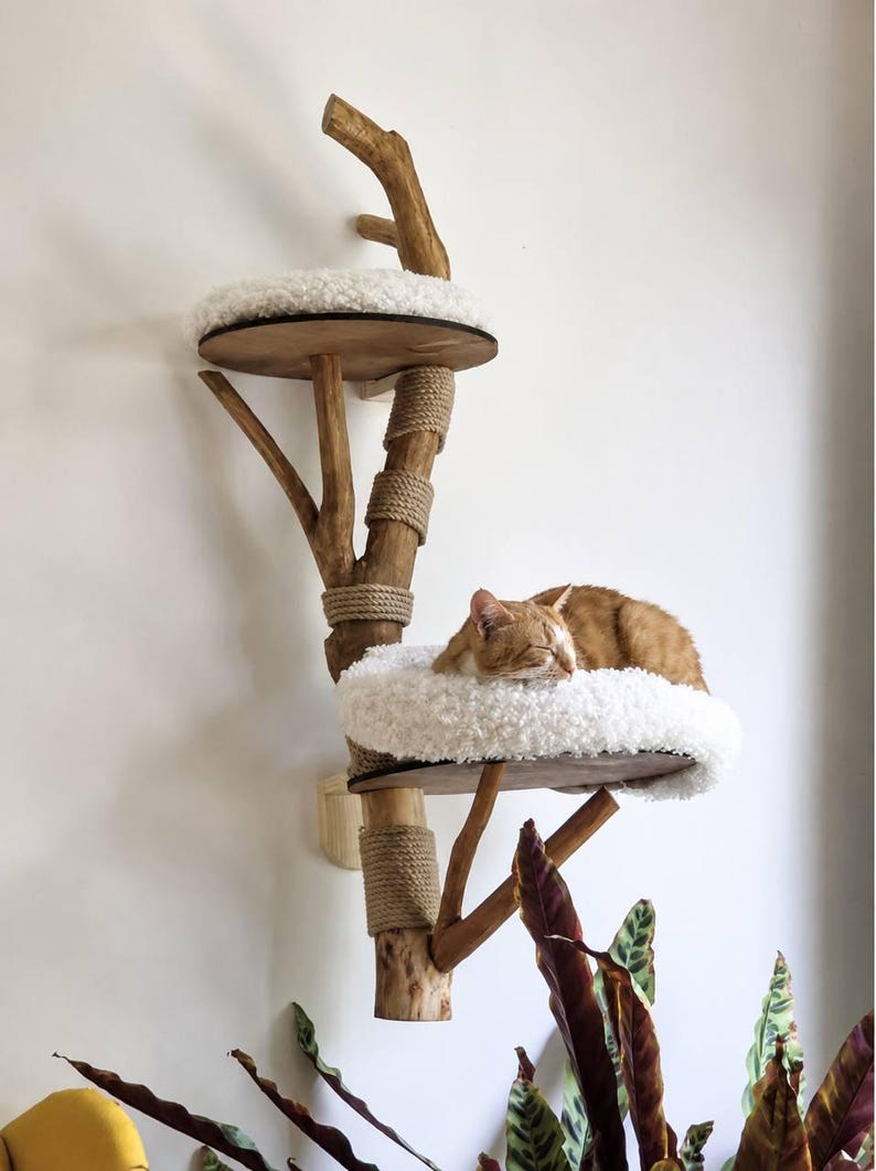 May include: A wall-mounted cat tree constructed from natural wood branches with two circular platforms. Each platform features a soft, white, plush cushion. Sections of the wooden structure are wrapped in thick, tan-coloured sisal rope for texture.