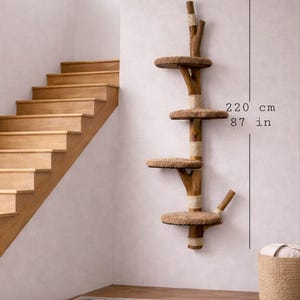 May include: A wooden cat tree with four circular platforms and a natural, rustic design. The cat tree is 87 inches (220 cm) tall and is mounted on a white wall. The platforms are covered in a soft, brown material.