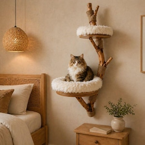 Floating Cat Tree – Multi-level Cat Condo with Faux Fur Beds Set 1 bed+cushion