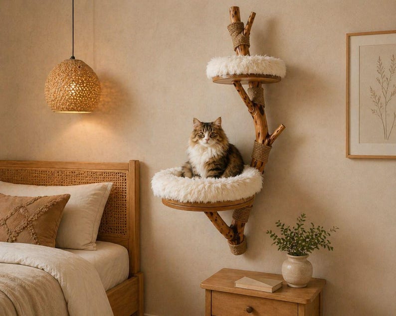 Floating Cat Tree – Multi-level Cat Condo with Faux Fur Beds Set 1 bed+cushion