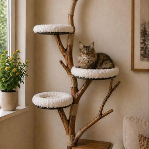 Puede incluir: Un árbol para gatos construido con una rama de madera natural que cuenta con tres plataformas circulares cubiertas con cojines de felpa blancos y un estante rectangular de madera. La rama está envuelta con cuerda beige en varios puntos.