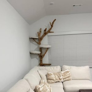 Large Wooden Cat Tree, Natural Branch Cattower with Faux Fur Beds image 10