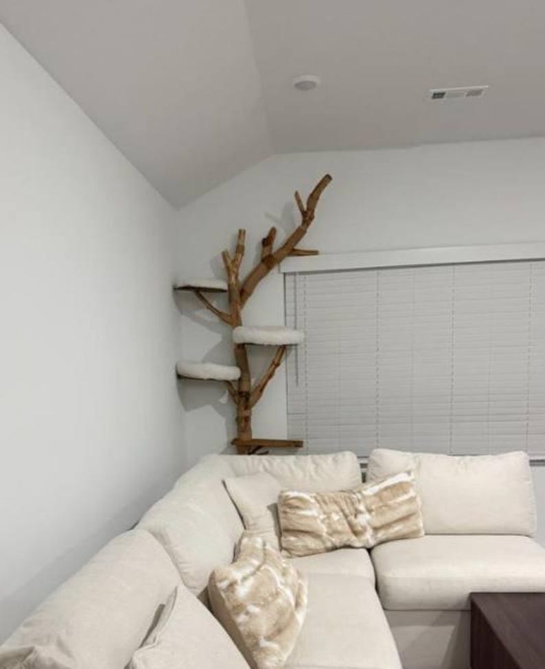 Large Wooden Cat Tree, Natural Branch Cattower with Faux Fur Beds image 10