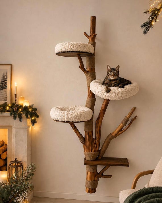 Large Wooden Cat Tree, Natural Branch Cattower with Faux Fur Beds