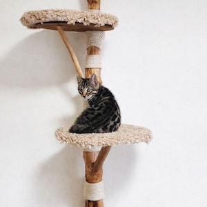 May include: A natural wood cat tree with two platforms covered in beige faux fur. A small tabby cat sits on the lower platform, looking over its shoulder. The tree is mounted on a white wall.