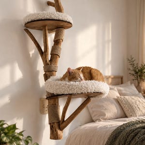 May include: A wall-mounted cat tree constructed from a natural wooden branch with two circular platforms. Each platform features a soft, white, textured cushion. Sections of the wooden branch are wrapped in thick, tan-colored sisal rope.