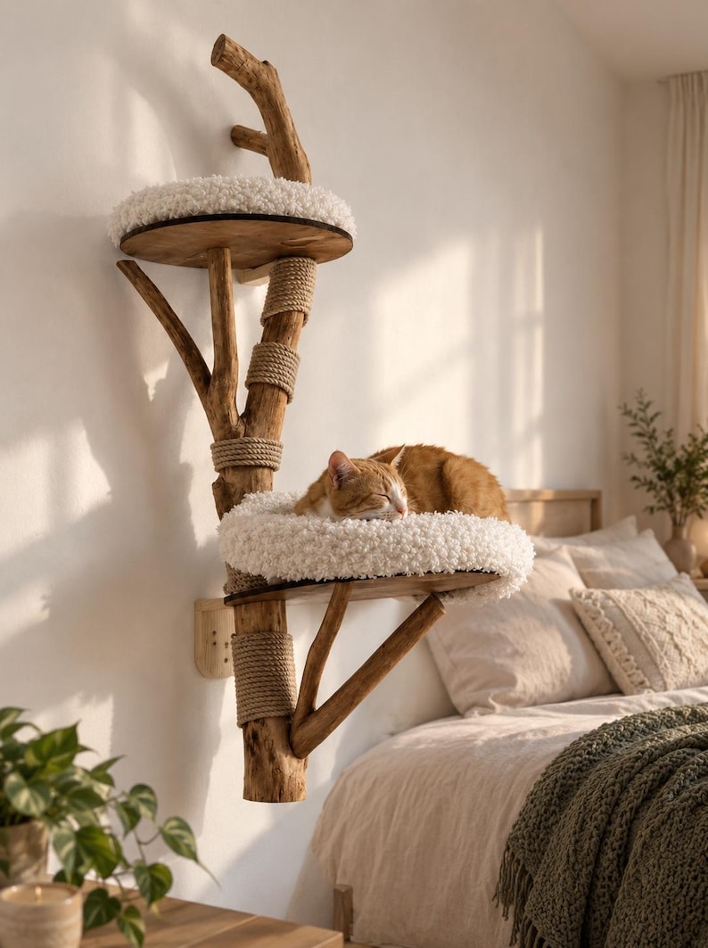 May include: A wall-mounted cat tree constructed from a natural wooden branch with two circular platforms. Each platform features a soft, white, textured cushion. Sections of the wooden branch are wrapped in thick, tan-colored sisal rope.