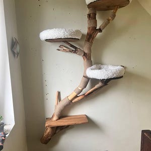 Large Wooden Cat Tree, Natural Branch Cattower with Faux Fur Beds image 9