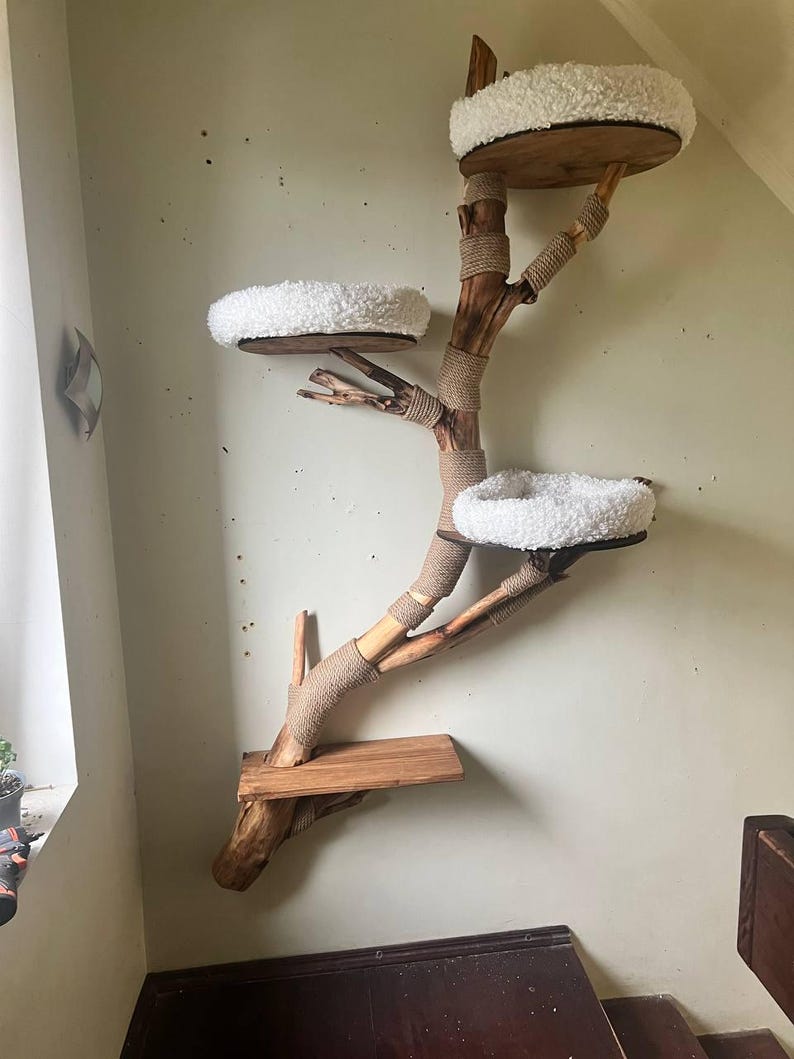 Large Wooden Cat Tree, Natural Branch Cattower with Faux Fur Beds image 9
