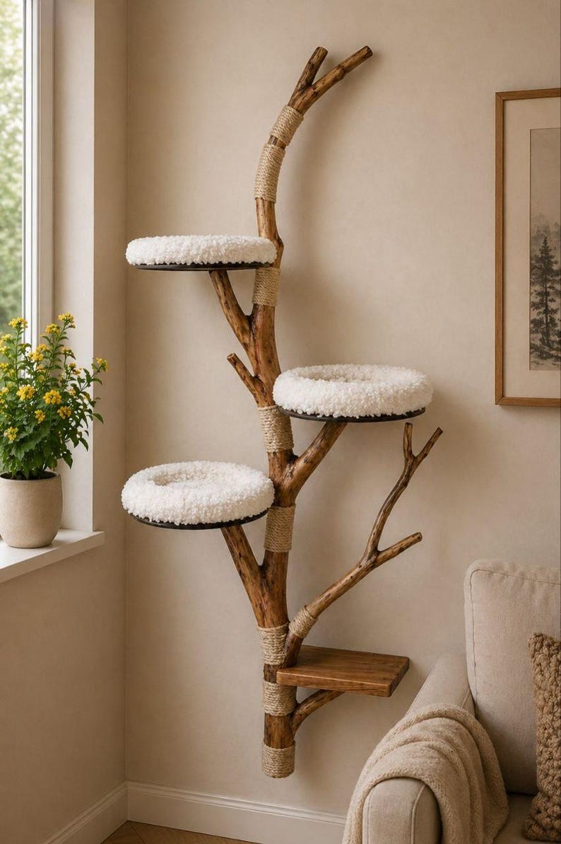 May include: A wall-mounted cat tree constructed from a natural wooden branch with multiple levels. It features three circular platforms topped with white, plush, textured cushions and one lower rectangular wooden shelf, accented with tan rope.