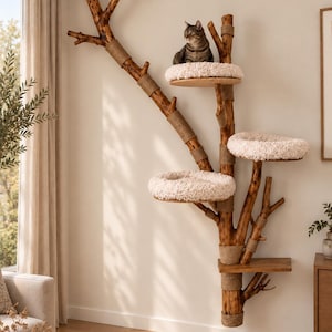 May include: A wall-mounted cat tree constructed from a natural wooden branch with multiple levels. It features three circular platforms topped with plush, cream-colored fabric cushions and one flat wooden shelf. Sections of the branch are wrapped in tan rope.