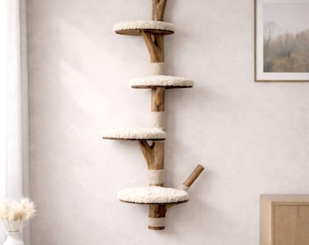 Cat Tree Wall Mounted Scratching Post Faux Fur Platforms Wooden Branch Design