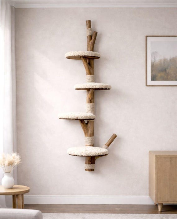 Cat Tree Wall Mounted Scratching Post Faux Fur Platforms Wooden Branch Design