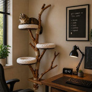 May include: A cat tree constructed from a natural wooden branch with three circular platforms, each topped with a plush white cushion. The structure features sections wrapped in tan rope and is mounted to the wall, providing a vertical perch for a cat.
