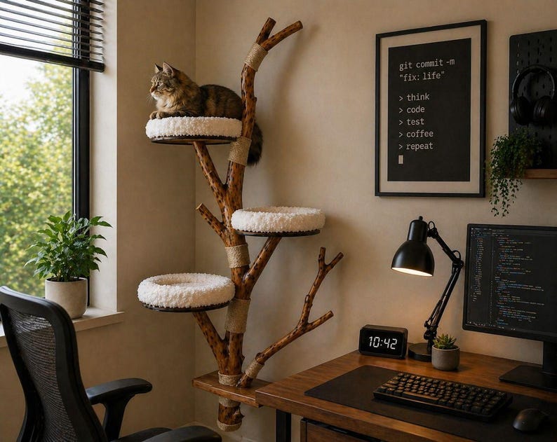 May include: A cat tree constructed from a natural wooden branch with three circular platforms, each topped with a plush white cushion. The structure features sections wrapped in tan rope and is mounted to the wall, providing a vertical perch for a cat.