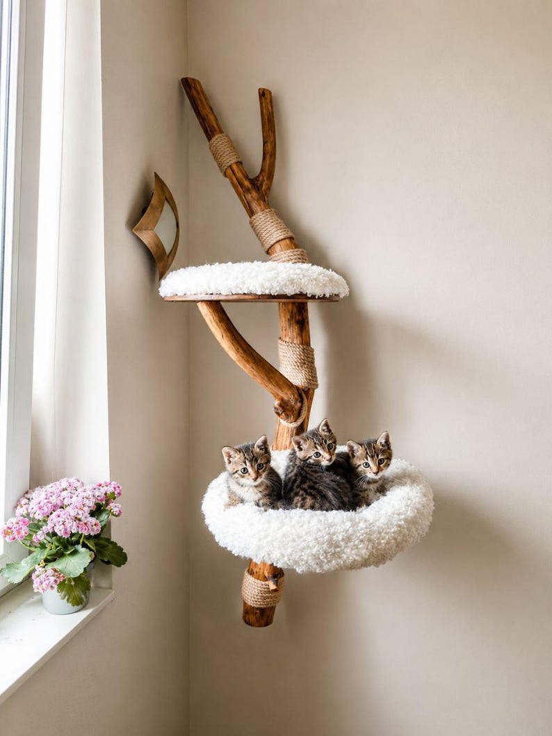 May include: A wall-mounted cat tree constructed from a natural wooden branch with two circular platforms covered in white plush fabric. The branch features sections wrapped in tan rope for texture. Three tabby kittens sit on the lower platform.