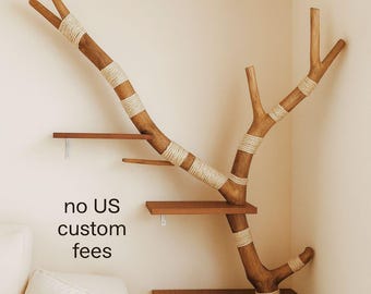 Handmade Wooden Wall Mounted Cat Tree |  Scratching Post
