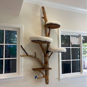 May include: A wall-mounted cat tree constructed from a natural wooden branch with multiple levels. It features three circular platforms topped with white plush cushions and one lower rectangular wooden shelf, all secured with tan rope accents.