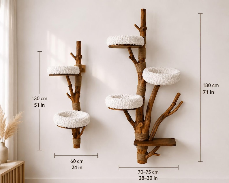 May include: Two wall-mounted cat trees made of natural wood branches with white plush circular platforms and jute rope accents. The smaller unit is 51 inches tall and 24 inches wide, while the larger unit is 71 inches tall and 28-30 inches wide.