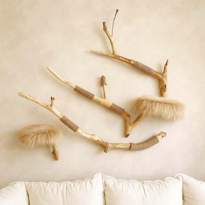 Custom Wall Cat Tree from Real Wood Branches with Faux Fur Shelves