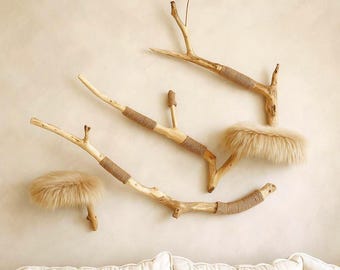 Custom Wall Cat Tree from Real Wood Branches with Faux Fur Shelves
