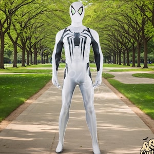 White Spider Hero Bodysuit – Full Body Cosplay Jumpsuit with Mask for Adults, Halloween, Roleplay, Comic Con, Gaming Events & Photoshoots