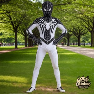 Black and White Spider Hero Costume – Full Body Stretch Bodysuit with Mask for Adults and Kids, Cosplay Halloween, Comic Con & Theme Parties