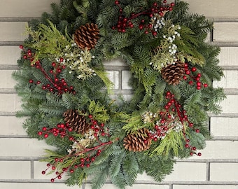 Fresh Evergreen Christmas Wreath, Pine Cones, Berries (24'') Pacific Northwest Decor
