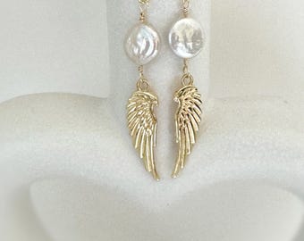Gold Angel Wing Earrings, Freshwater Pearl, Tarnish-Free