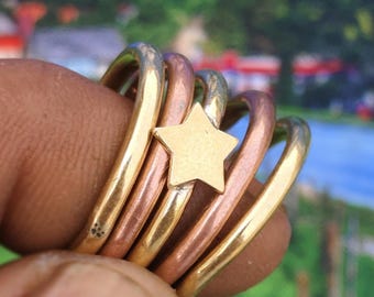 Handmade Copper & Brass Stacking Ring Set - Rustic Star Design