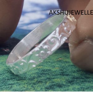 Hand Carved Green Jade Sterling Silver Ring, Floral Band, Boho Jewelry