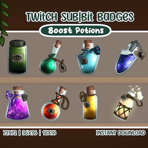 May include: A collection of eight cartoon potion bottles in various colors, displayed on a wooden shelf. The bottles are labeled "Twitch Sub/Bit Badges" and "Boost Potions". Each bottle has a unique design, including corks, ribbons, and charms.
