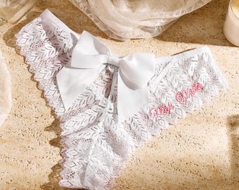 Custom Bridal Thong with Embroidered Name, Personalized Mrs. Lace Underwear, Wedding Gift, Women Lace Underwear, Gift for Bride, Lace Thong