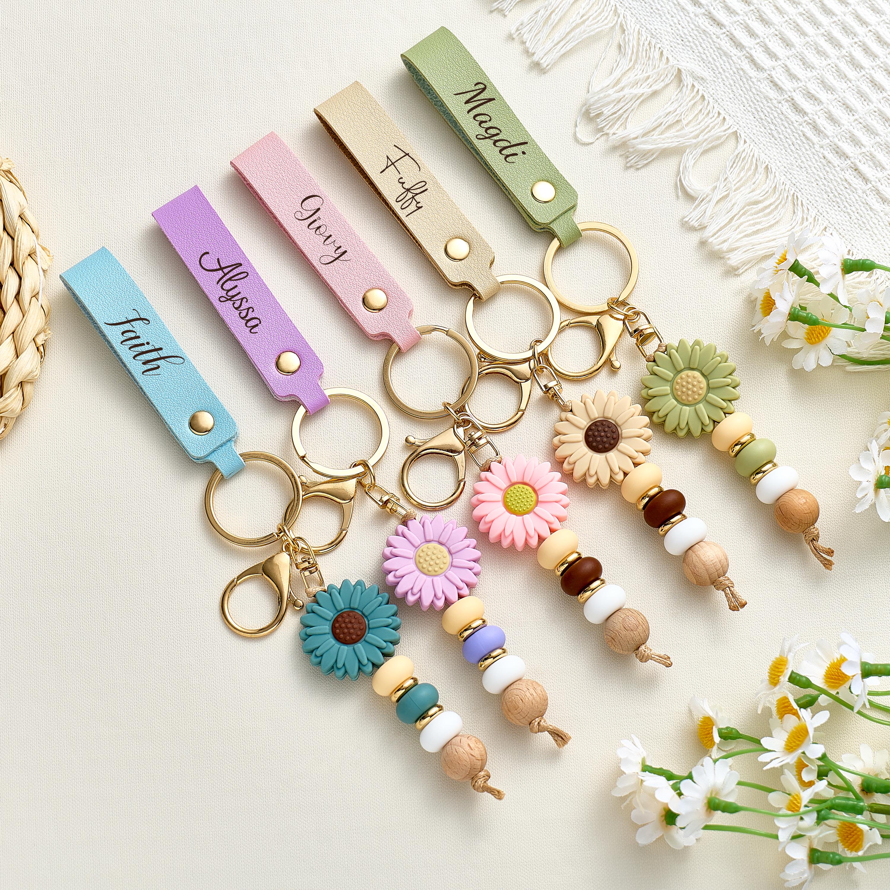 Custom Daisy Beaded Keyring, Faux Leather Keyring,bridesmaid Gifts ...