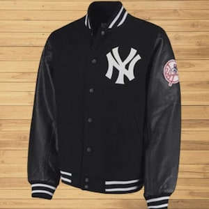 Letterman NY Yankees Schwarze Wolle & Echtleder Ärmel Varsity Jacke Herren Bomber Style Sportliche Unisexjacke