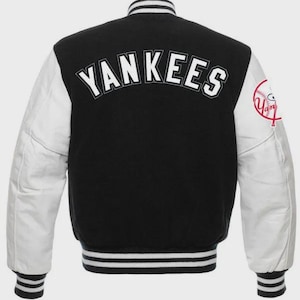 NY Yankees Schwarze und Weiße Lederärmel Letterman-Jacke