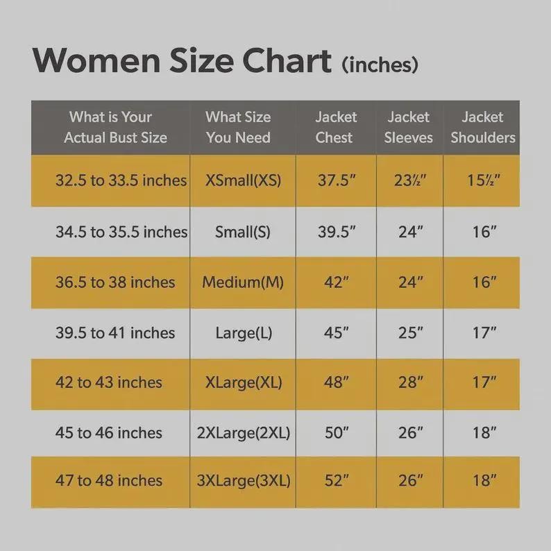 May include: A women's size chart in inches, with bust, chest, sleeve, and shoulder measurements. Sizes range from XSmall to 3XLarge, with bust sizes from 32.5 to 48 inches. The chart includes jacket chest, sleeve, and shoulder measurements.