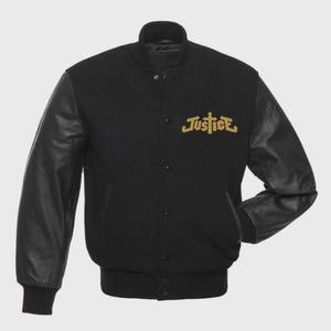 Buy Black Wool Varsity Jacket with Natural Leather Sleeves