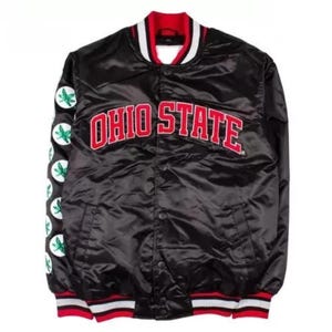 May include: Black satin jacket with the words "OHIO STATE" in red block letters across the chest. The jacket has a red and white striped collar, cuffs, and hem. The left sleeve features green and white leaf patches.