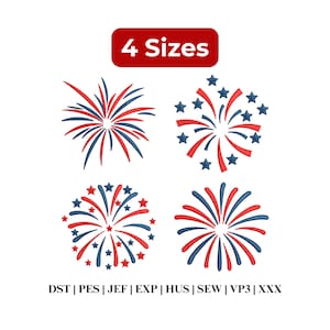 Puede incluir: Cuatro diseños de fuegos artificiales en rojo y azul se muestran sobre un fondo blanco. Los diseños incluyen explosiones de estrellas y detalles en forma de estrella. El texto "4 Sizes" está en un rectángulo rojo. Debajo de los diseños hay abreviaturas de tipos de archivo.
