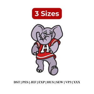 May include: An embroidery design featuring a light purple elephant wearing a red jersey with a white letter A on the chest. Above the elephant is a red rectangular label with the white text 3 Sizes. Below are the file formats DST, PES, JEF, EXP, HUS, SEW, VP3, and XXX.
