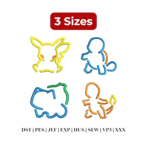 Puede incluir: Cuatro diseños de bordado a máquina con ilustraciones de contorno de criaturas populares en amarillo, azul, verde y naranja. El texto 3 Sizes aparece en la parte superior y los formatos DST, PES, JEF, EXP, HUS, SEW, VP3 y XXX abajo.