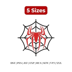 Puede incluir: Un diseño de bordado con una araña roja centrada en una telaraña negra. Sobre el gráfico, una etiqueta rectangular roja muestra el texto blanco 5 Sizes. Debajo del gráfico, el texto dice DST | PES | JEF | EXP | HUS | SEW | VP3 | XXX.