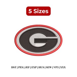 May include: An oval-shaped embroidery design featuring a large black letter G with a white outline, enclosed by a red border. Above the design, a red rectangular label displays the text 5 Sizes. Below, the text reads DST | PES | JEF | EXP | HUS | SEW | VP3 | XXX.