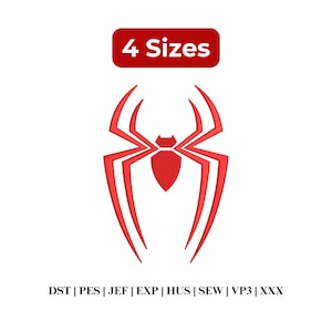 Puede incluir: Un emblema de araña rojo con un centro texturizado y patas largas y curvas. La imagen incluye el texto "4 Sizes" en un rectángulo rojo en la parte superior. Debajo del emblema están las abreviaturas de formato de archivo: DST, PES, JEF, EXP, HUS, SEW, VP3 y XXX.