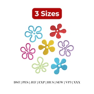 Op de afbeelding: Een borduurontwerp met zeven gestileerde bloemen in verschillende kleuren, waaronder blauw, rood, geel, roze, paars en limoengroen. De tekst 3 Sizes staat bovenaan en de tekst DST | PES | JEF | EXP | HUS | SEW | VP3 | XXX staat onderaan.