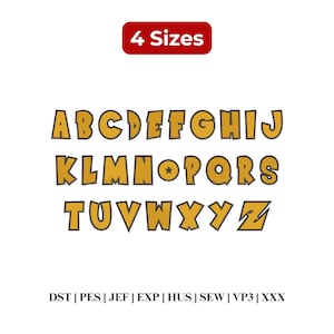 Könnte beinhalten: Ein digitales Stickalphabet-Set mit goldfarbenen Buchstaben mit dunklen Umrandungen, angeordnet in drei Reihen von A bis Z. Der Buchstabe O enthält einen kleinen Stern. Ein rotes Etikett oben zeigt 4 Sizes, und unten sind die Dateiformate DST, PES, JEF, EXP, HUS, SEW, VP3 und XXX aufgeführt.