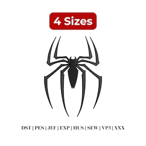 Puede incluir: Un diseño de bordado de araña negra con un arácnido estilizado de patas largas y puntiagudas y un cuerpo central. Sobre la araña, una etiqueta rectangular roja muestra el texto blanco 4 Sizes. Debajo, el texto dice DST | PES | JEF | EXP | HUS | SEW | VP3 | XXX.